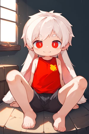 solo,male_focus,shota, 
vup-bai,white_hair,red eyes,(lop_ears:1.2),(red shirt:0.8),(black shorts:0.8),[barefoot], 
smile,sitting,legs apart,BREAK,
score_9,score_8_up,score_7_up,score_6_up,score_5_up