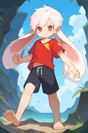 solo,male_focus,shota, 
vup-bai,white_hair,red eyes,(lop_ears:1.2),(red shirt:0.8),(black shorts:0.8),[barefoot], 
smile,battoujutsu stance,BREAK,
score_9,score_8_up,score_7_up,score_6_up,score_5_up