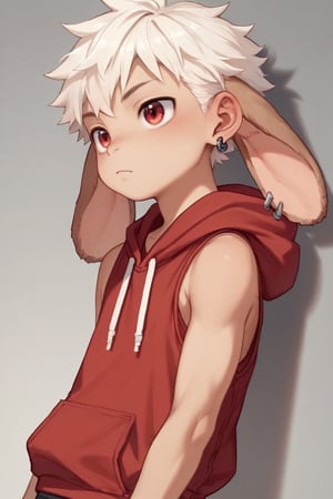 score_9,score_8_up,score_7_up,score_6_up,score_5_up,
solo,shota,lop rabbit ear,((ear down))
white hair,red eyes,
early teen,red sleeveless_hoodie,