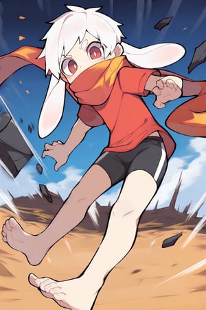  (nploser),
1boy,male_focus,male_child,shota, 
vup-bai,(white_hair:0.8),red eyes,(floppy_ears,lop_rabbit_ears),[scarf,red scarf,floating_scarf,scarf_over_mouth],
(red t-shirt,black jammers),(barefoot),BREAK,
(masterpiece, best quality:1.1),