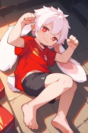 solo,male_focus,shota, vup-bai,white_hair,(lop_ears:1.2),(red shirt:0.8),(black shorts:0.8),[barefoot], 
dynamic_pose,lying,paw_pose,BREAK, score_9,score_8_up,score_7_up,score_6_up,score_5_up