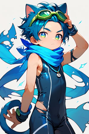 score_9,score_8_up,score_7_up,score_6_up,score_5_up,score_9_up,tag score,source_anime,
1boy,solo,male focus,blue cat ears shota,blue tail,blue pupils,blue hair,
(black sleeveless bodysuit),blue (torn scarf),sneakers,green (goggle) on head,
best quality, amazing quality, best aesthetic,
Perfect Hands,