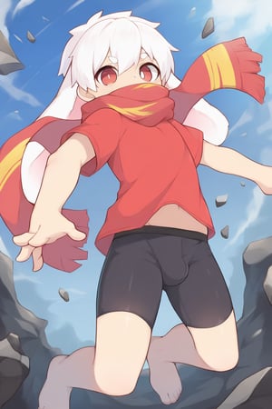 solo,male_focus,male_child,shota, 
vup-bai,(white_hair:0.8),red eyes,(floppy_ears,lop_rabbit_ears),[scarf,red scarf,floating_scarf,scarf_over_mouth],
(red t-shirt,black jammers,bulge),(barefoot),BREAK,
(masterpiece, best quality:1.1),