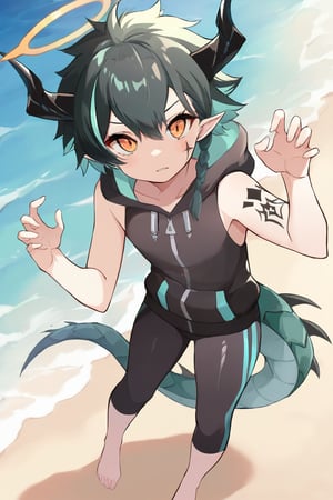 solo,male_focus, 
vup-lls,orange eyes,(streaked hair,black hair,aqua hair,side braid),(dragon horns,halo,pointy ears,dragon tail),tattoo,
black sleeveless_hoodie,jammers,barefoot,BREAK,
(beach,river),
(masterpiece, best quality:1.1),