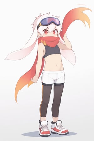 (vrchat:0.5),solo,male_focus,male_child,shota, 
vup-bai,(white_hair:0.8),red eyes,(floppy_ears,lop_rabbit_ears),[scarf,red scarf,floating_scarf,scarf_over_mouth],[goggles,ski goggles,goggles on head],
(crop top,sleeveless,navel),(black_leggings,leggings under shorts,white shorts,bike shorts),[sneakers,white shoes],BREAK,
[night, dark],
(masterpiece, best quality:1.1),