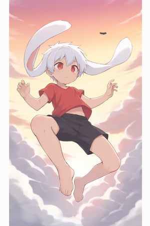 solo,male_focus,shota, 
vup-bai,(white_hair:0.8),red eyes,(floppy_ears,lop_rabbit_ears),(red t-shirt,sleeveless:0.8),(black shorts:0.8),barefoot,BREAK,
sky,cloud,red_sky,
falling,midair,
(masterpiece, best quality:1.1),