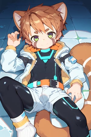 solo,male_focus,shota, 
cr-my,animal ears,brown hair,green eyes,bodysuit,black bodysuit,bulge,tail,jacket,hood,belt,shorts,socks,
smile,lying,BREAK,
score_9,score_8_up,score_7_up,score_6_up,score_5_up,