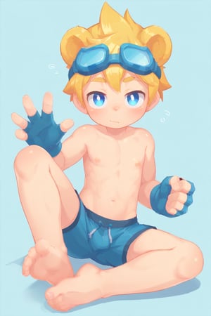 solo,male_child,shota,bear_boy,animal ear,yellow ear,yellow hair,blue eyes,eye_glow,BREAK,,
goggles_on_head,ski_goggles,blue goggles,BREAK,
bare legs,topless,swim trunks,fingerless_glove,sleepy,
front_view,looking at viewer,sit,outstretched hands,leg up,
feet_focus,prefect soles,BREAK,
score_9,score_8_up,score_7_up,score_6_up,score_5_up,type-e