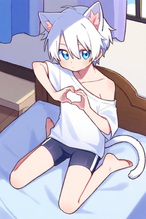 (nploser,chibi only:0.8),solo,male_focus,male_child,shota, 
vup-wh,(cat ears,white hair,blue eyes),cat tail,
(white t-shirt,off_shoulder),jammers,barefoot,BREAK,
[bedroom,window,blue_sky],
[bed,bed sheet,dark_room,shadow],
[from above],
heart hands,
(masterpiece, best quality:1.1)