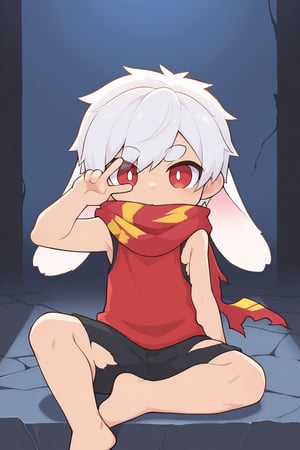 (wool_bl,chibi only),solo,male_focus,male_child,shota, 
vup-bai,(white_hair:0.8),red eyes,(floppy_ears,lop_rabbit_ears),[scarf,red scarf,floating_scarf,scarf_over_mouth],
(red t-shirt,sleeveless:0.8),(black shorts:0.8),(torn clothes,torn shirt,torn shorts,torn scarf),(barefoot),BREAK,
[night, dark, chiaroscuro],
sitting,on_back,v over eye,
(masterpiece, best quality:1.1),