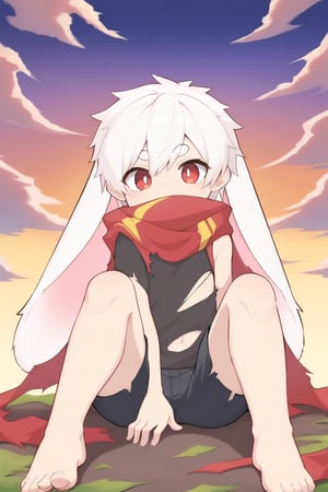 (haitenai_rpg),solo,male_focus,male_child,shota, 
vup-bai,(white_hair:0.8),red eyes,(floppy_ears,lop_rabbit_ears),[scarf,red scarf,floating_scarf,scarf_over_mouth],
(red t-shirt,sleeveless:0.8),(black shorts:0.8),(torn clothes,torn shirt,torn shorts,torn scarf),barefoot,BREAK,
[sky,cloud,red_sky],foot_focus,
sitting,on_back,
(masterpiece, best quality:1.1),