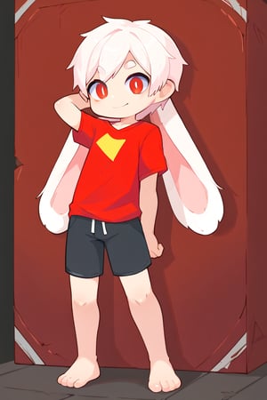 solo,male_focus,shota, 
vup-bai,white_hair,(lop_ears:1.2),(red shirt:0.8),(black shorts:0.8),[barefoot], 
balancing,smile,BREAK,
score_9,score_8_up,score_7_up,score_6_up,score_5_up