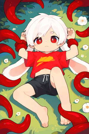 solo,male_focus,shota,
vup-bai,white_hair,(lop_ears:1.2),(red shirt:0.8),(black shorts:0.8),[barefoot],
dynamic_pose,lying,tentacle_on_feet,BREAK,
score_9,score_8_up,score_7_up,score_6_up,score_5_up,source_anime,source_cartoon