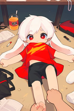 solo,male_focus,shota,
vup-bai,white_hair,(lop_ears:1.2),(red shirt:0.8),(black shorts:0.8),[barefoot],
dynamic_pose,lying,legs_up,foot_focus,BREAK,
score_9,score_8_up,score_7_up,score_6_up,score_5_up,source_anime,source_cartoon