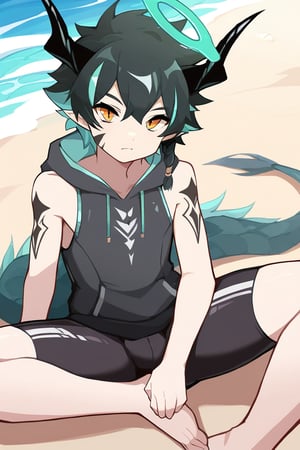 solo,male_focus, 
vup-lls,orange eyes,(streaked hair,black hair,aqua hair,side braid),(dragon horns,halo,pointy ears,dragon tail),tattoo,
black sleeveless_hoodie,jammers,barefoot,BREAK,
(beach,river),
(masterpiece, best quality:1.1),