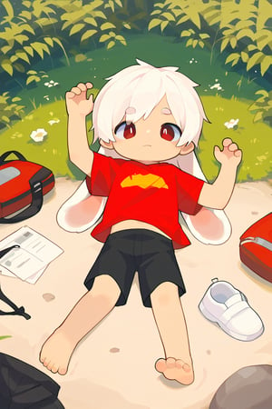 solo,male_focus,shota,
vup-bai,white_hair,(lop_ears:1.2),(red shirt:0.8),(black shorts:0.8),[barefoot],
dynamic_pose,lying,feet_focus,feet_up,BREAK,
score_9,score_8_up,score_7_up,score_6_up,score_5_up,source_anime,source_cartoon