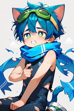 score_9,score_8_up,score_7_up,score_6_up,score_5_up,score_9_up,tag score,source_anime,
1boy,solo,male focus,blue cat ears shota,blue tail,blue pupils,blue hair,
(black sleeveless bodysuit),blue (torn scarf),sneakers,green (goggle) on head,
best quality, amazing quality, best aesthetic,
Perfect Hands,vomiting cum