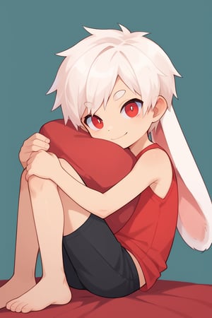 solo,male_focus,shota, 
vup-bai,white_hair,red eyes,(lop_ears:1.2),(red t-shirt,sleeveless:0.8),(black shorts:0.8),barefoot,BREAK,
from side,[looking at viewer],
(dynamic_pose:1.25),head_tilt,smile,portrait,(hugging_own_legs),
score_9,score_8_up,score_7_up,score_6_up,score_5_up