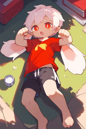 solo,male_focus,shota, 
vup-bai,white_hair,(lop_ears:1.2),(red shirt:0.8),(black shorts:0.8),[barefoot], 
dynamic_pose,lying,on_side,paw_pose,BREAK, 
score_9,score_8_up,score_7_up,score_6_up,score_5_up