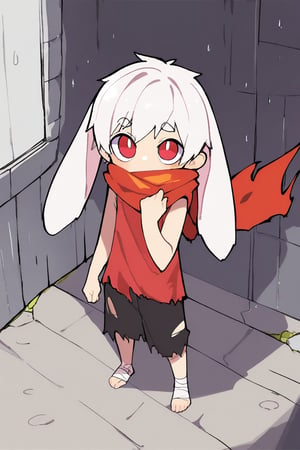 (nploser),solo,male_focus,male_child,shota, 
vup-bai,(white_hair:0.8),red eyes,(floppy_ears,lop_rabbit_ears),[scarf,red scarf,floating_scarf,scarf_over_mouth],
(red t-shirt,sleeveless:0.8),(black shorts:0.8),(torn clothes,torn shirt,torn shorts,torn scarf),(barefoot,bandage on feet),BREAK,
[rain, dark, shadow],wet,
looking up,
standing,(hand up),
(masterpiece, best quality:1.1),