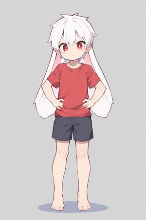 solo,male_focus,male_child,shota, 
vup-bai,(white_hair:0.8),red eyes,(floppy_ears,lop_rabbit_ears),(red t-shirt,sleeveless:0.8),(black shorts:0.8),barefoot,BREAK,
(perfect_hand,perfect_feet),
(hands on own hip),
(masterpiece, best quality:1.1),