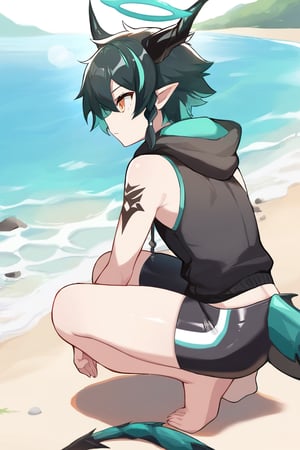 solo,male_focus, 
vup-lls,orange eyes,(streaked hair,black hair,aqua hair,side braid),(dragon horns,halo,pointy ears,dragon tail),tattoo,
black sleeveless_hoodie,jammers,barefoot,BREAK,
(beach,river),
(masterpiece, best quality:1.1),