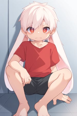 solo,male_focus,shota,
vup-bai,white_hair,(lop_ears:1.2),(red shirt:0.8),(black shorts:0.8),[barefoot],
dynamic_pose,on_one_knee,BREAK,
score_9,score_8_up,score_7_up,score_6_up,score_5_up,source_anime 