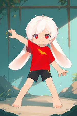 solo,male_focus,shota,
vup-bai,white_hair,(lop_ears:1.2),(red shirt:0.8),(black shorts:0.8),[barefoot],
dynamic_pose,BREAK,
score_9,score_8_up,score_7_up,score_6_up,score_5_up,source_anime 