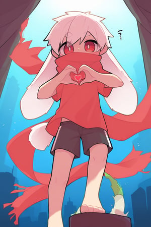 solo,male_focus,male_child,shota, 
vup-bai,(white_hair:0.8),red eyes,(floppy_ears,lop_rabbit_ears),[scarf,red scarf,floating_scarf,scarf_over_mouth],
(red t-shirt,black shorts),(barefoot),BREAK,
[upper body,close-up],
heart hands,
(masterpiece, best quality:1.1),