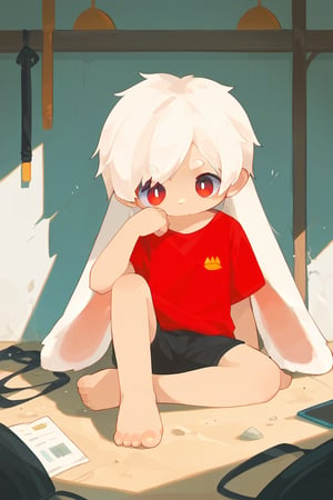 solo,male_focus,shota,
vup-bai,white_hair,(lop_ears:1.2),(red shirt:0.8),(black shorts:0.8),[barefoot],
dynamic_pose,sitting,open_legs,BREAK,
score_9,score_8_up,score_7_up,score_6_up,score_5_up,source_anime 