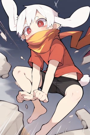  (nploser),
solo,male_focus,male_child,shota, 
vup-bai,(white_hair:0.8),red eyes,(floppy_ears,lop_rabbit_ears),[scarf,red scarf,floating_scarf,scarf_over_mouth],
(red t-shirt,black jammers),(barefoot),BREAK,
(masterpiece, best quality:1.1),