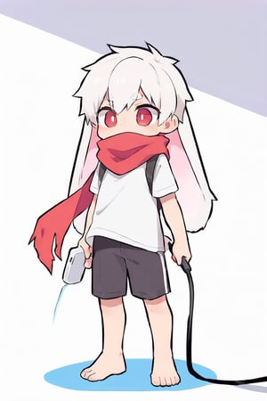 (chibi),solo,male_focus,male_child,shota, 
vup-bai,(white_hair:0.8),red eyes,(floppy_ears,lop_rabbit_ears),[scarf,red scarf,floating_scarf,scarf_over_mouth],
(red t-shirt,sleeveless:0.8),(black shorts:0.8),barefoot,BREAK,
(holding charging cable),
(masterpiece, best quality:1.1),