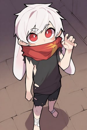 (nploser),solo,male_focus,male_child,shota, 
vup-bai,(white_hair:0.8),red eyes,(floppy_ears,lop_rabbit_ears),[scarf,red scarf,floating_scarf,scarf_over_mouth],
(red t-shirt,sleeveless:0.8),(black shorts:0.8),(torn clothes,torn shirt,torn shorts,torn scarf),(barefoot,bandage on feet),BREAK,
[from above,atmospheric_perspective],
[rain, dark, shadow],wet,
looking up,
standing,(hand up),
(masterpiece, best quality:1.1),