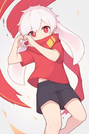 solo,male_focus,male_child,shota, 
vup-bai,(white_hair:0.8),red eyes,(floppy_ears,lop_rabbit_ears),[scarf,red scarf,floating_scarf,scarf_over_mouth],
(red t-shirt,black shorts),(barefoot),BREAK,
[upper body,close-up],
heart hands,
(masterpiece, best quality:1.1),