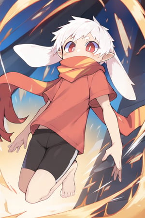  (nploser),
solo,male_focus,male_child,shota, 
vup-bai,(white_hair:0.8),red eyes,(floppy_ears,lop_rabbit_ears),[scarf,red scarf,floating_scarf,scarf_over_mouth],
(red t-shirt,black jammers),(barefoot),BREAK,
(masterpiece, best quality:1.1),