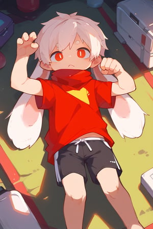 solo,male_focus,shota, 
vup-bai,white_hair,(lop_ears:1.2),(red shirt:0.8),(black shorts:0.8),[barefoot], 
dynamic_pose,lying,on_side,paw_pose,BREAK, 
score_9,score_8_up,score_7_up,score_6_up,score_5_up