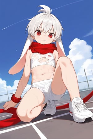 solo,male,shota,lop_boy,long ear,white ear,white hair,red eyes,BREAK,
red scarf, torn scarf,BREAK,
sneakers,crop_top,
m_legs,wet,
score_9,score_8_up,score_7_up,score_6_up,score_5_up,score_4_up,masterpiece,