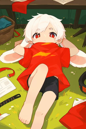 solo,male_focus,shota,
vup-bai,white_hair,(lop_ears:1.2),(red shirt:0.8),(black shorts:0.8),[barefoot],
dynamic_pose,lying,legs_up,feet_up,BREAK,
score_9,score_8_up,score_7_up,score_6_up,score_5_up,source_anime,source_cartoon