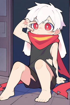 (nploser,chibi only),solo,male_focus,male_child,shota, 
vup-bai,(white_hair:0.8),red eyes,(floppy_ears,lop_rabbit_ears),[scarf,red scarf,floating_scarf,scarf_over_mouth],
(red t-shirt,sleeveless:0.8),(black shorts:0.8),(torn clothes,torn shirt,torn shorts,torn scarf),barefoot,BREAK,
[night, dark, chiaroscuro],
sitting,on_back,v over eye,
(masterpiece, best quality:1.1),