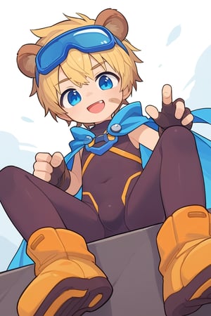 solo,male_child,shota,bear_boy,animal ear,yellow ear,yellow hair,blue eyes,eye_glow,BREAK,,
goggles_on_head,ski_goggles,blue goggles,BREAK,
cape,bodysuit,fingerless_glove,happy,
(low-angle view:1.4), (front view:1.2), looking at viewer,
sitting,dirty_socks,soles,BREAK,
score_9,score_8_up,score_7_up,score_6_up,score_5_up,score_4_up,masterpiece,