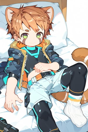 solo,male_focus,shota, 
cr-my,animal ears,brown hair,green eyes,bodysuit,black bodysuit,bulge,tail,jacket,hood,belt,shorts,socks,
smile,lying,BREAK,
score_9,score_8_up,score_7_up,score_6_up,score_5_up,