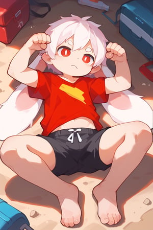 solo,male_focus,shota, vup-bai,white_hair,(lop_ears:1.2),(red shirt:0.8),(black shorts:0.8),[barefoot], 
dynamic_pose,lying,paw_pose,BREAK, score_9,score_8_up,score_7_up,score_6_up,score_5_up