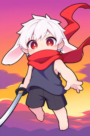 (chibi),solo,male_focus,male_child,shota, 
vup-bai,(white_hair:0.8),red eyes,(floppy_ears,lop_rabbit_ears),[scarf,red scarf,floating_scarf,scarf_over_mouth],
(red t-shirt,sleeveless:0.8),(black shorts:0.8),barefoot,BREAK,
(perfect_hand,perfect_feet),
[sky,cloud,red_sky],
flying,(weapon,sword,katana,holding katana),
(masterpiece, best quality:1.1),