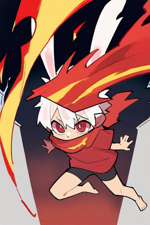  (nploser),
1boy,male_focus,male_child,shota, 
vup-bai,(white_hair:0.8),red eyes,(floppy_ears,lop_rabbit_ears),[scarf,red scarf,floating_scarf,scarf_over_mouth],
(red t-shirt,black jammers),(barefoot),BREAK,
(masterpiece, best quality:1.1),