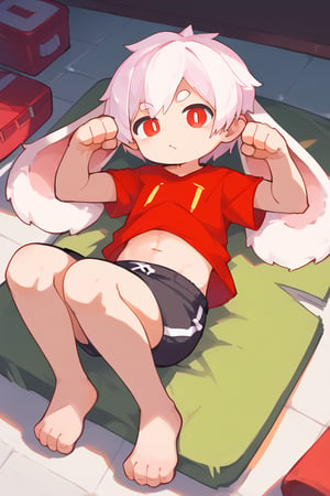 solo,male_focus,shota, vup-bai,white_hair,(lop_ears:1.2),(red shirt:0.8),(black shorts:0.8),[barefoot], 
dynamic_pose,lying,paw_pose,BREAK, score_9,score_8_up,score_7_up,score_6_up,score_5_up