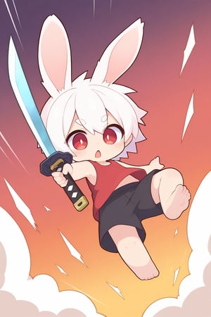 (chibi),solo,male_focus,male_child,shota, 
vup-bai,(white_hair:0.8),red eyes,(floppy_ears,lop_rabbit_ears),(red t-shirt,sleeveless:0.8),(black shorts:0.8),barefoot,BREAK,
(perfect_hand,perfect_feet),
[sky,cloud,red_sky],
jumping,(weapon,sword,katana,holding katana),
(masterpiece, best quality:1.1),