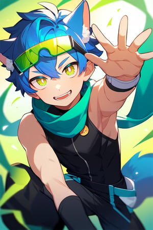 score_9,score_8_up,score_7_up,score_6_up,score_5_up,score_9_up,tag score,source_anime,
1boy,solo,male focus,blue cat ears shota,blue tail,blue pupils,blue hair,
(black sleeveless bodysuit),blue (torn scarf),sneakers,green (Ski glasses) on head,
best quality, amazing quality, best aesthetic,
Perfect Hands,