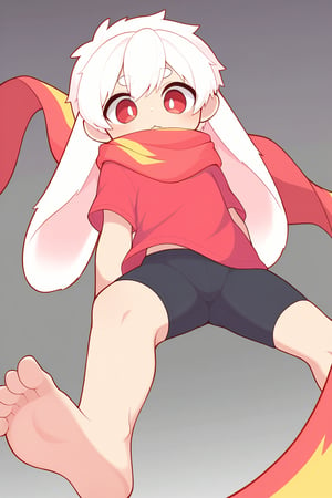 solo,male_focus,male_child,shota, 
vup-bai,(white_hair:0.8),(floppy_ears,lop_rabbit_ears),[scarf,red scarf,floating_scarf,scarf_over_mouth],
(red t-shirt,black jammers),(barefoot),BREAK,
[upper body,close-up],(>3<),
(masterpiece, best quality:1.1),