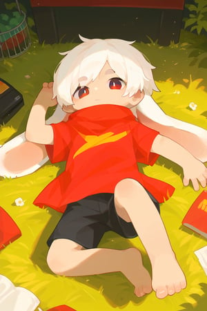 solo,male_focus,shota,
vup-bai,white_hair,(lop_ears:1.2),(red shirt:0.8),(black shorts:0.8),[barefoot],
dynamic_pose,lying,BREAK,
score_9,score_8_up,score_7_up,score_6_up,score_5_up,source_anime 