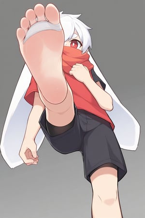 (wool_bl:0.5),solo,male_focus,male_child,shota, 
vup-bai,(white_hair:0.8),red eyes,(floppy_ears,lop_rabbit_ears),[scarf,red scarf,floating_scarf,scarf_over_mouth],
(red t-shirt,single_sleeve),(black shorts),(barefoot,bandage on feet),BREAK,
[from_below],looking_at_viewer,
standing,feet_up,foot_focus,soles,
(masterpiece, best quality:1.1),